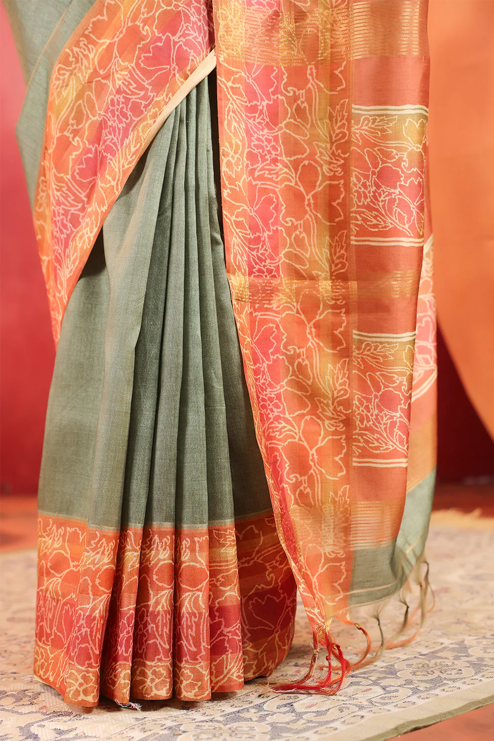 Sage Green Tussar Silk Floral Printed and Zari Woven Saree - Image 6