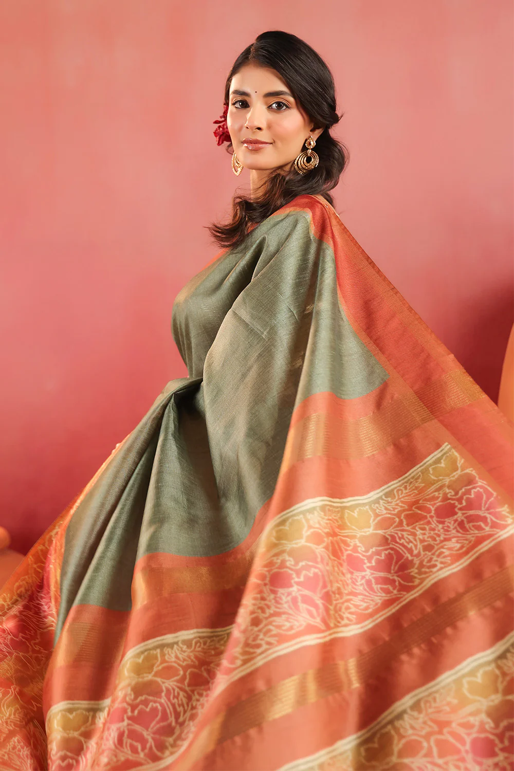 Sage Green Tussar Silk Floral Printed and Zari Woven Saree - Image 7