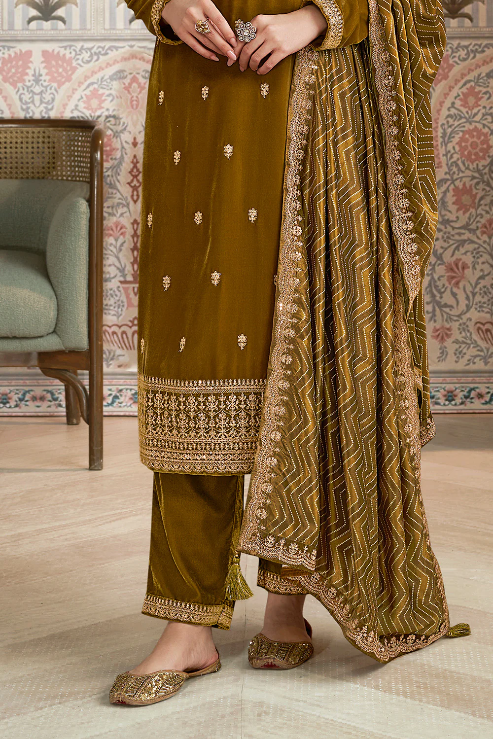 Sage Green Velvet Sequins and Zari Embroidered Unstitched Suit Fabric - Image 3