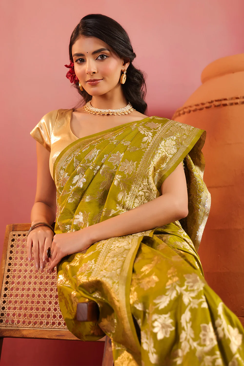 Sage Green Zari Floral Woven Silk Saree - Image 10