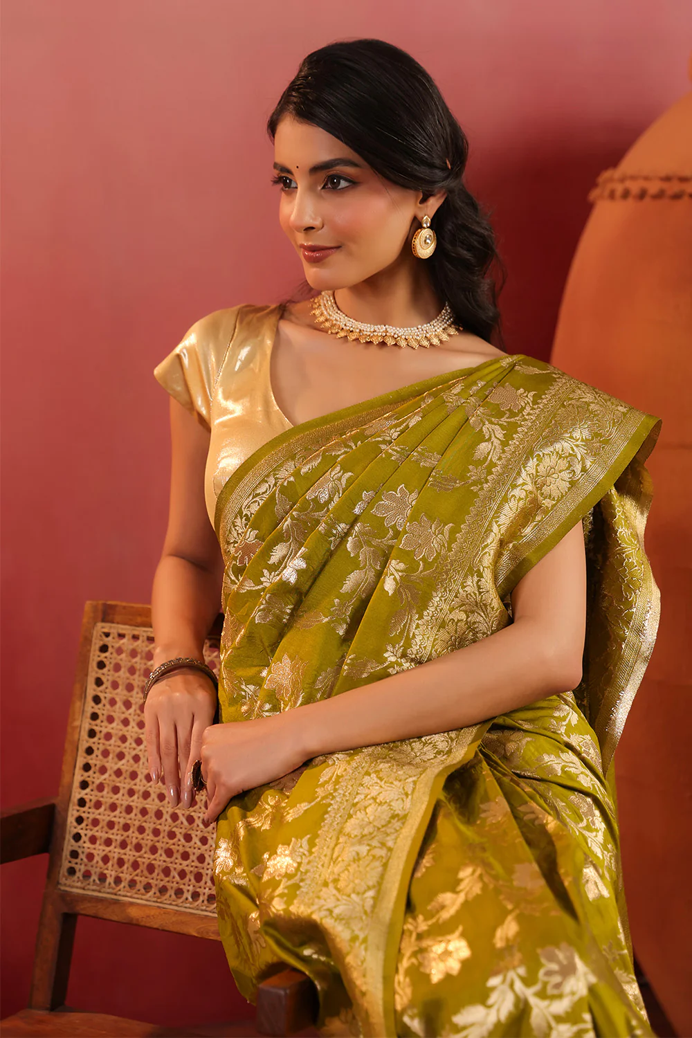 Sage Green Zari Floral Woven Silk Saree - Image 11