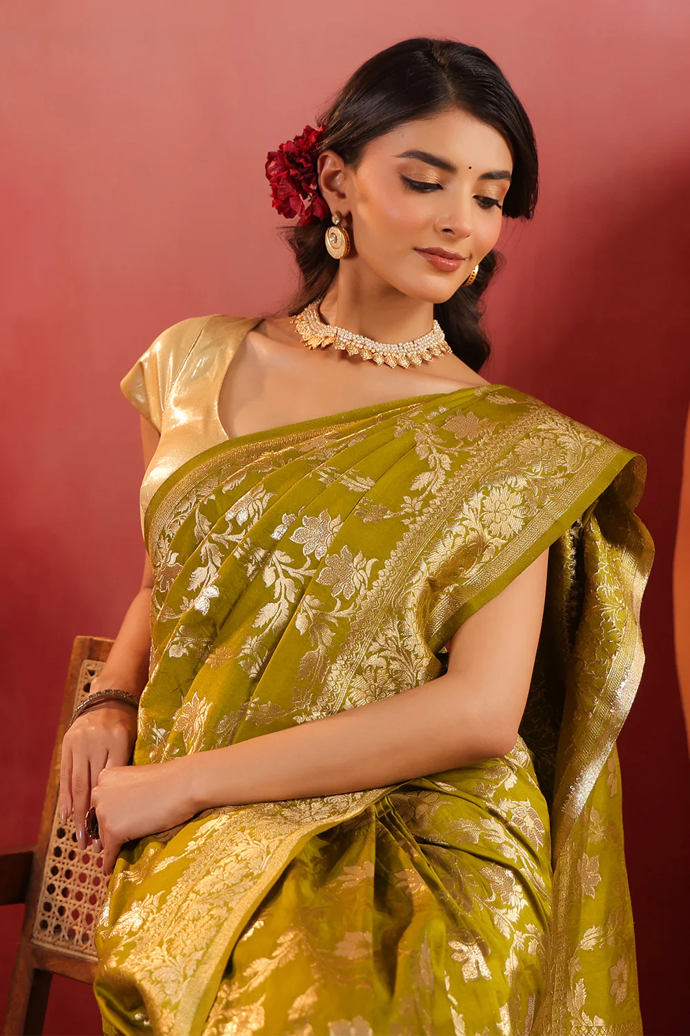 Sage Green Zari Floral Woven Silk Saree - Image 12