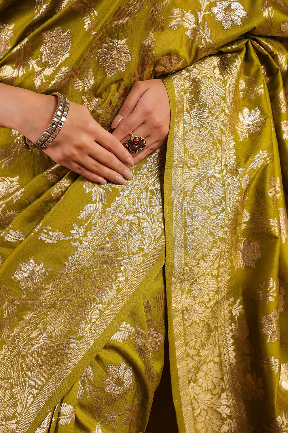 Sage Green Zari Floral Woven Silk Saree - Image 13