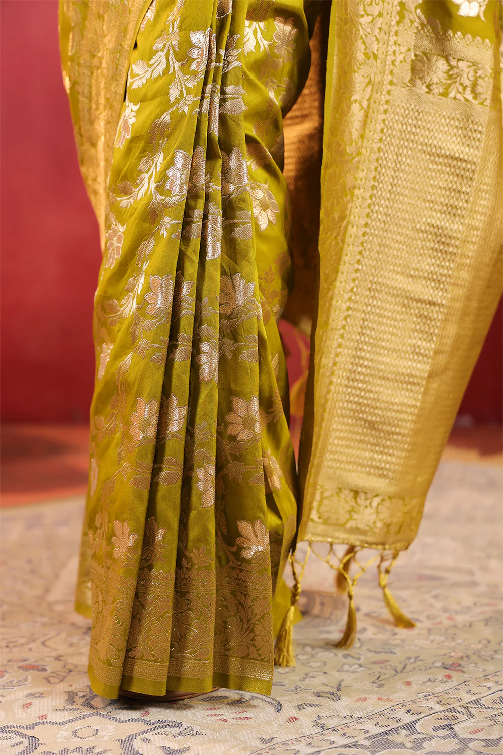 Sage Green Zari Floral Woven Silk Saree - Image 14