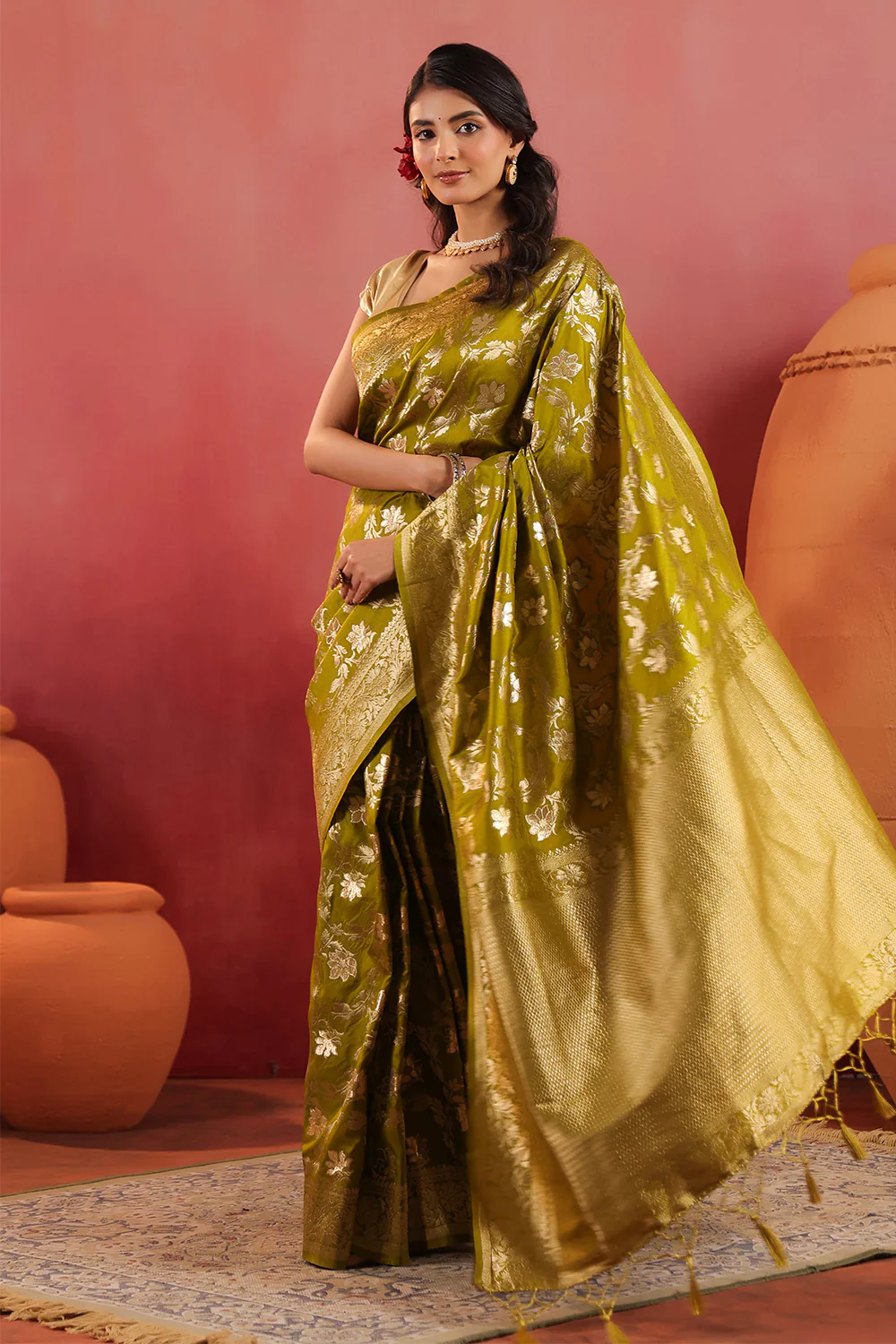 Sage Green Zari Floral Woven Silk Saree - Image 2