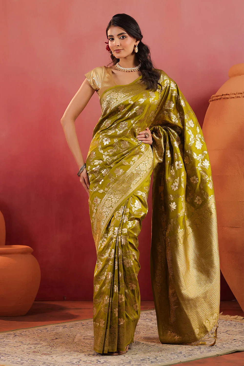 Sage Green Zari Floral Woven Silk Saree - Image 6