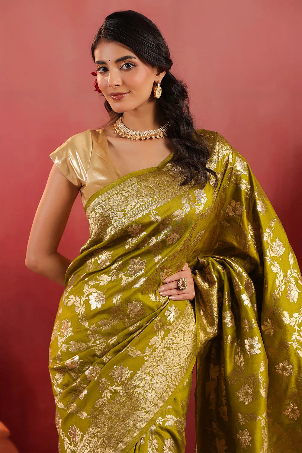 Sage Green Zari Floral Woven Silk Saree - Image 8