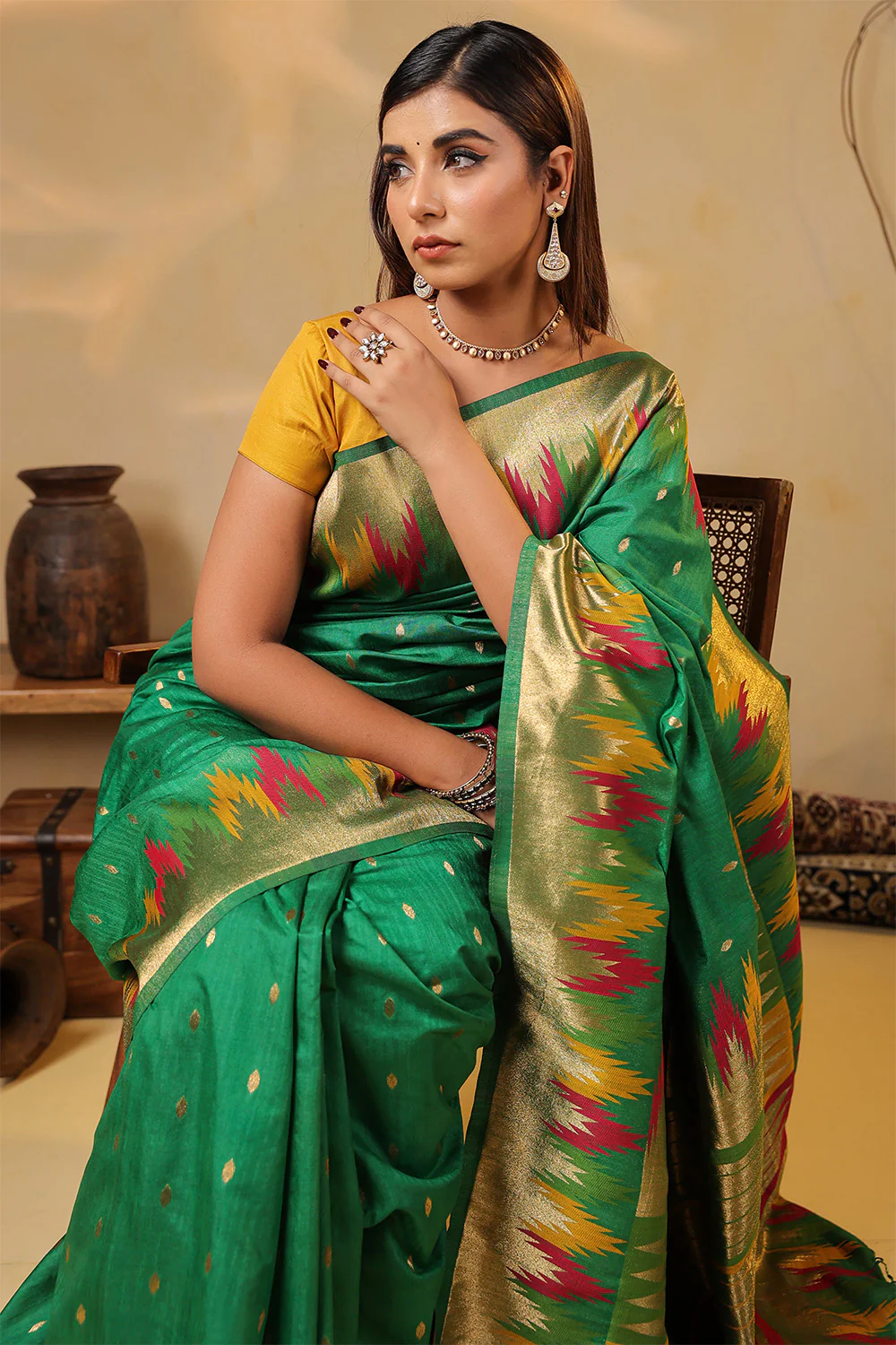 Sea Green Color Cotton Silk Woven Saree - Image 11