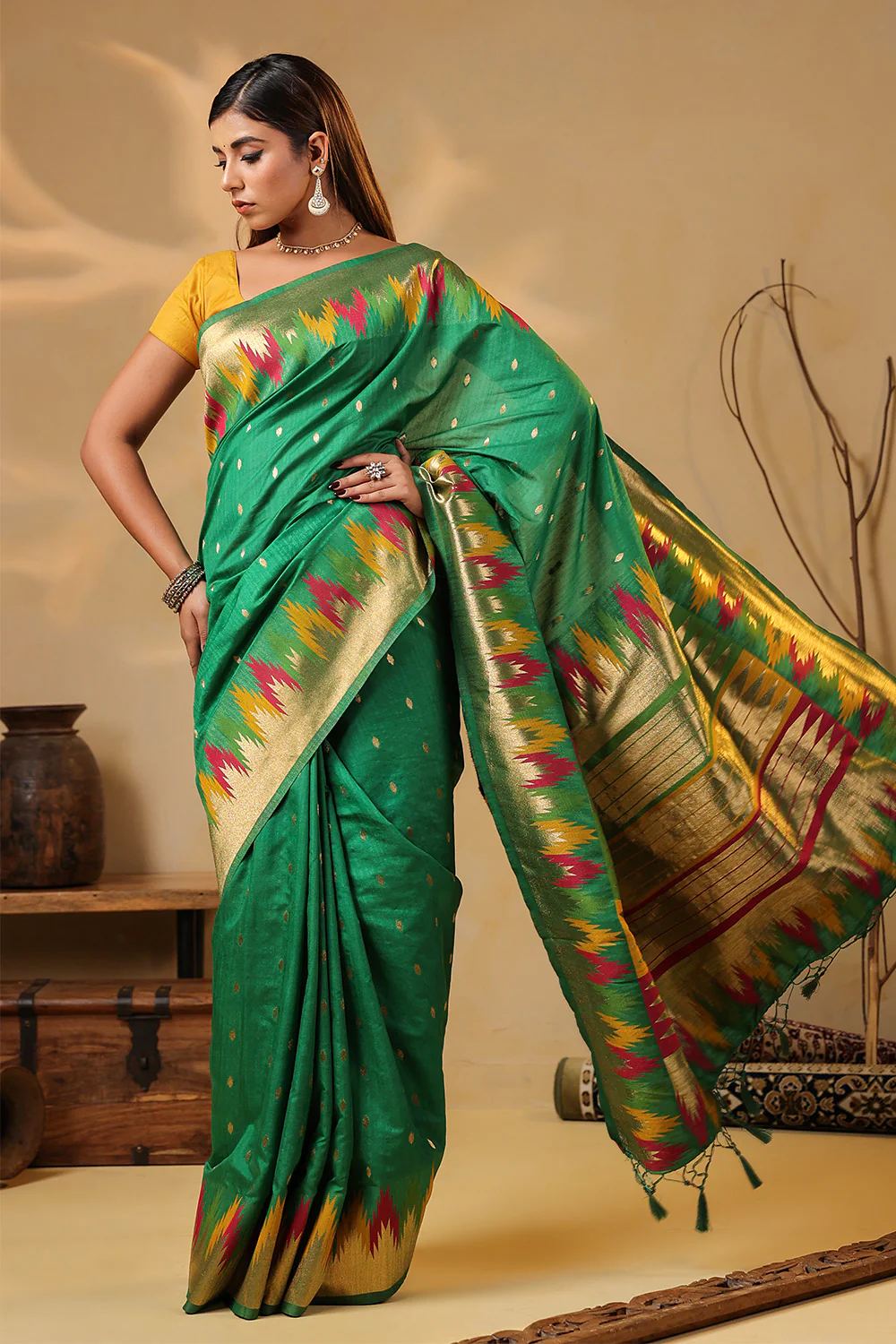 Sea Green Color Cotton Silk Woven Saree - Image 4