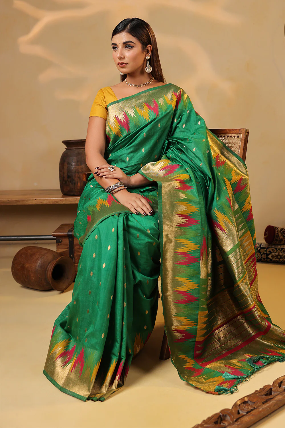 Sea Green Color Cotton Silk Woven Saree - Image 5