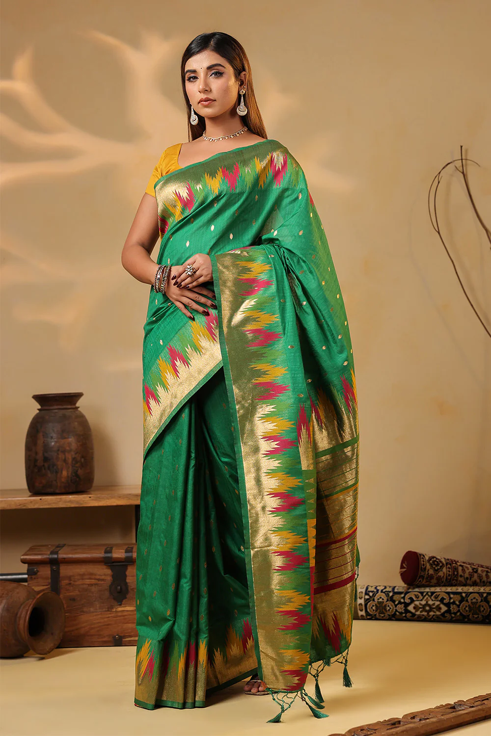Sea Green Color Cotton Silk Woven Saree - Image 8