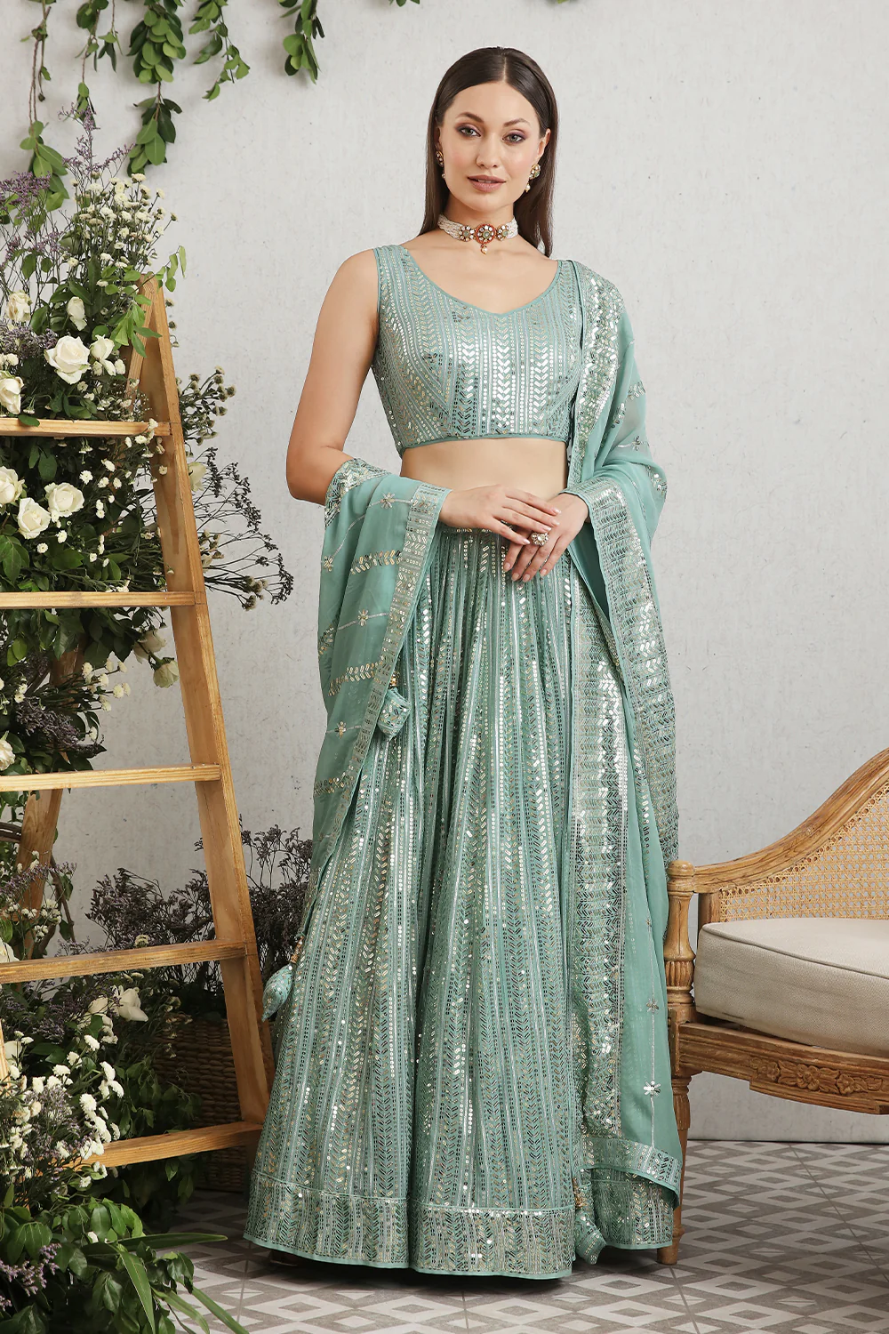 Sea Green Color Embroidered Georgette Lehenga - Image 3