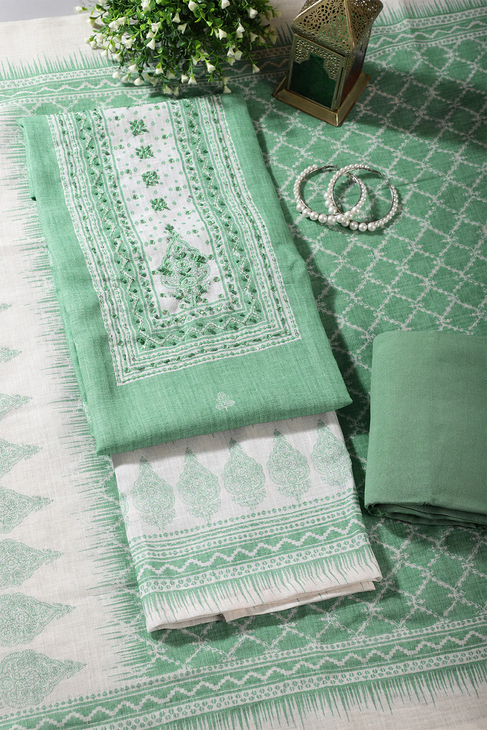 Sea Green Color Printed Linen Cotton Unstitched Suits
