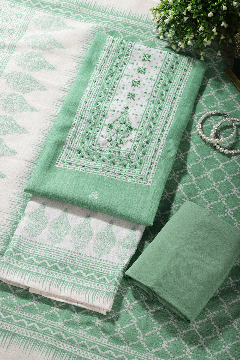 Sea Green Color Printed Linen Cotton Unstitched Suits - Image 2