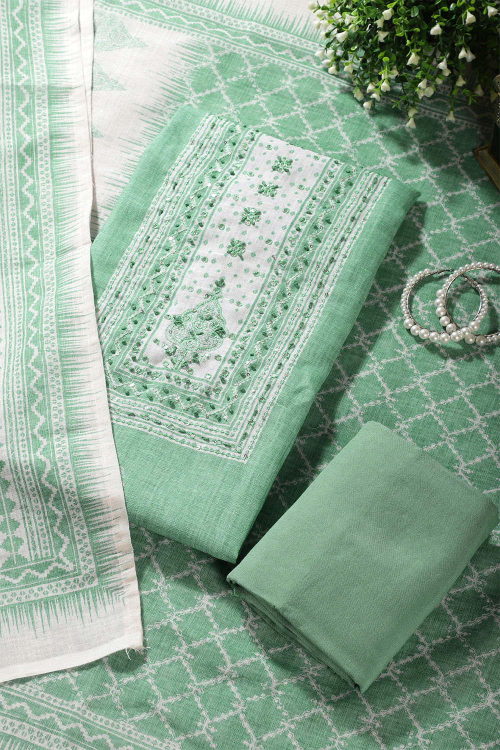 Sea Green Color Printed Linen Cotton Unstitched Suits - Image 3