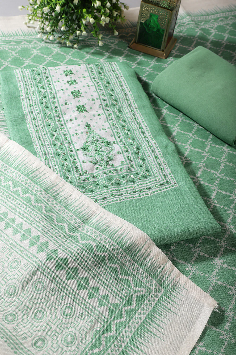 Sea Green Color Printed Linen Cotton Unstitched Suits - Image 4
