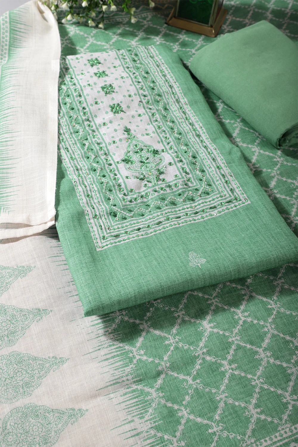 Sea Green Color Printed Linen Cotton Unstitched Suits - Image 5