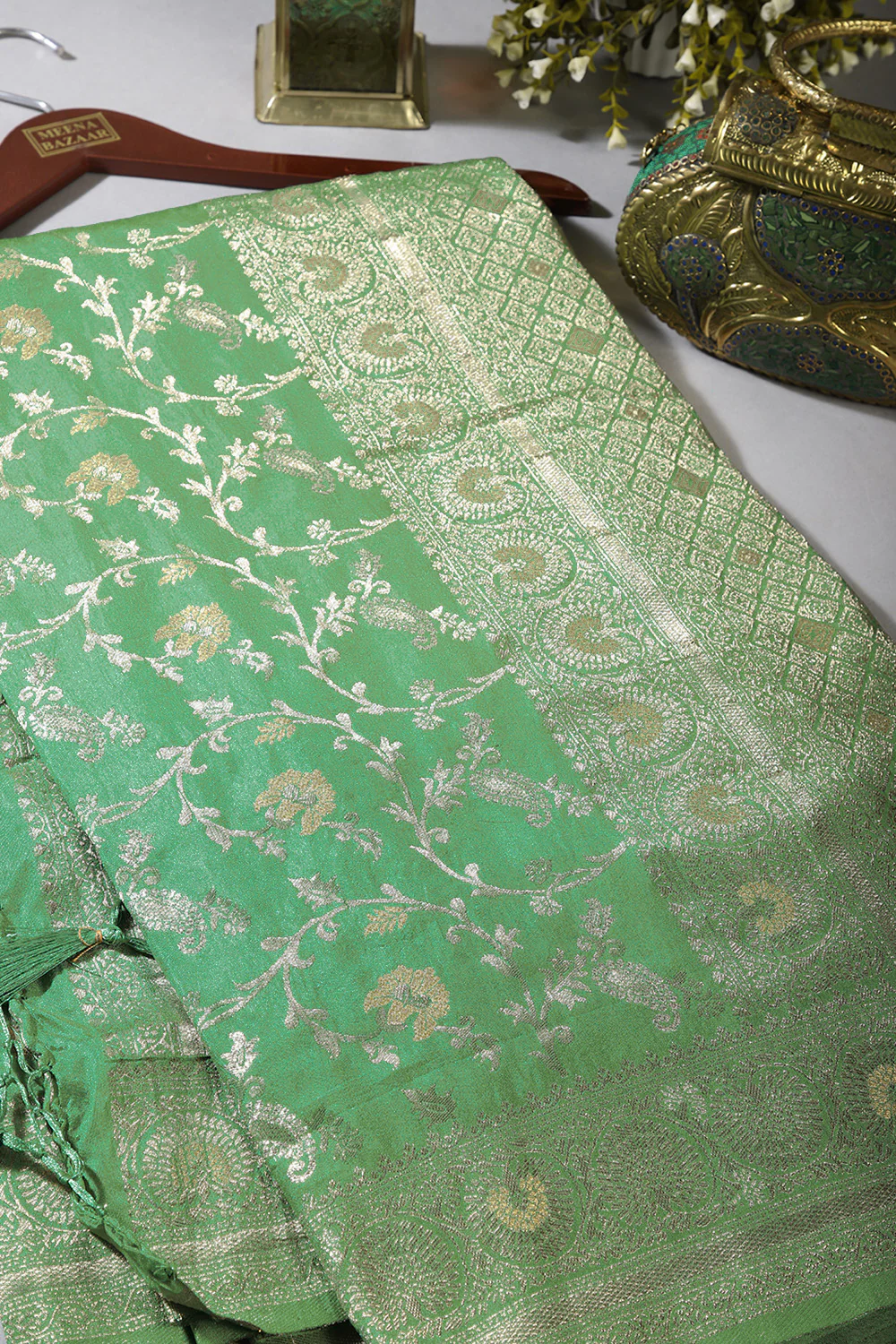 Sea Green Color Zari Woven South Silk Saree - Image 4