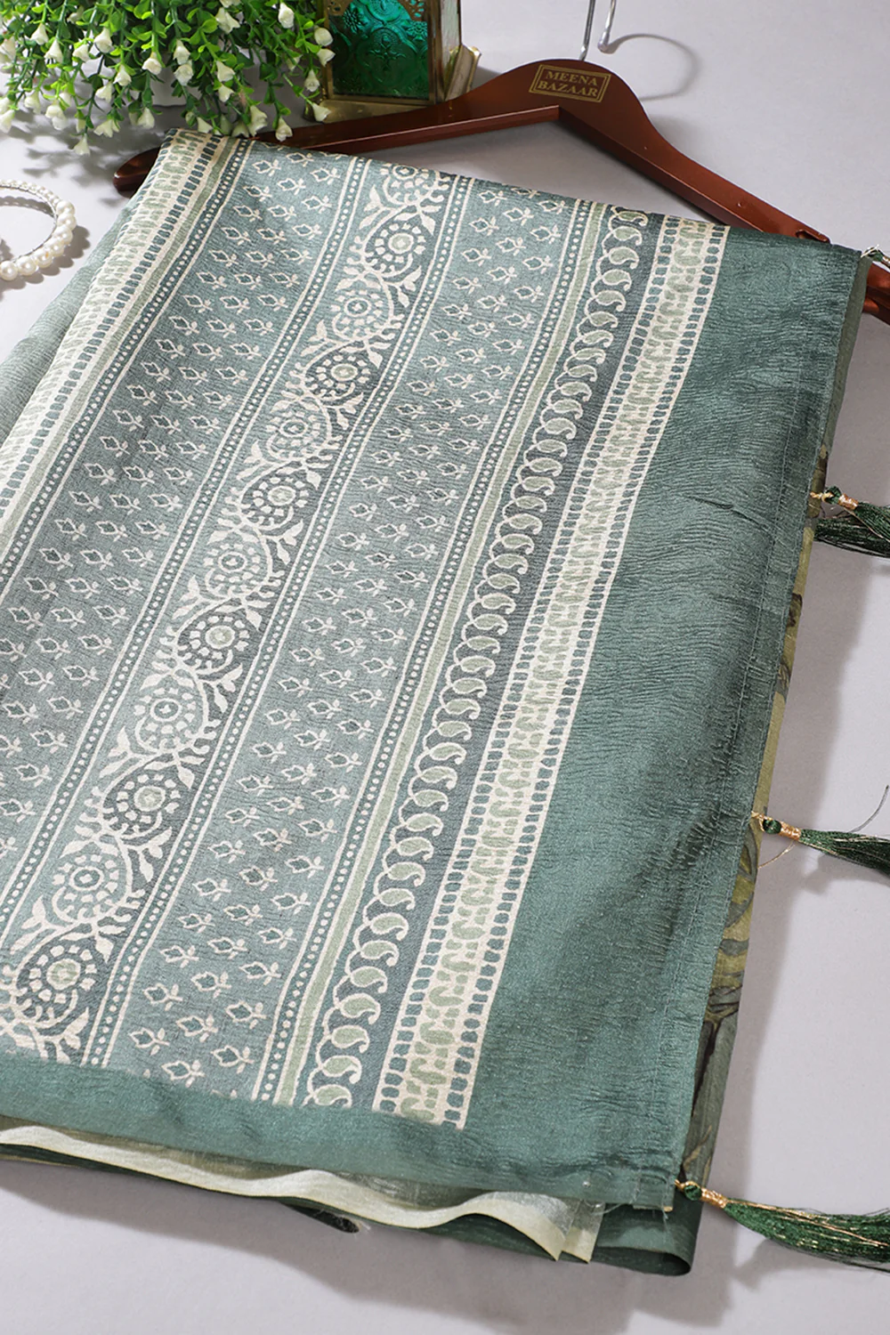 Sea Green Floral Printed Tussar Silk Saree
