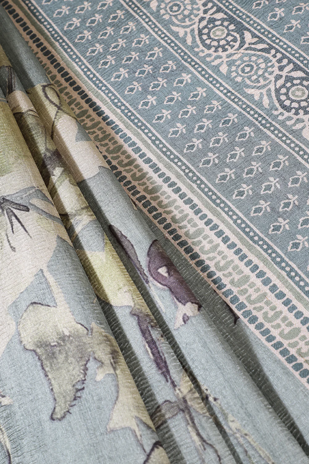 Sea Green Floral Printed Tussar Silk Saree - Image 2