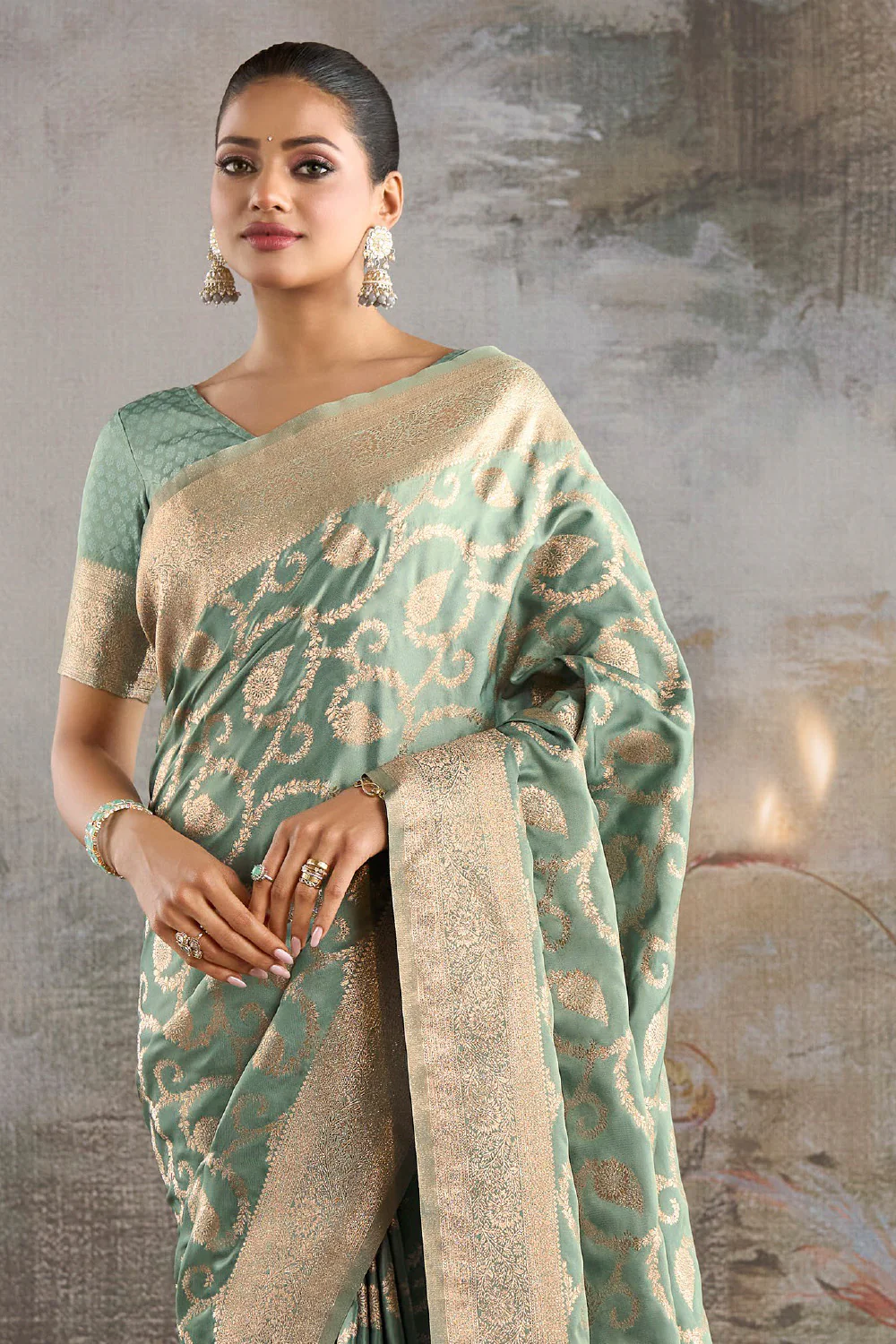 Sea Green Silk Banarasi Woven Saree - Image 2