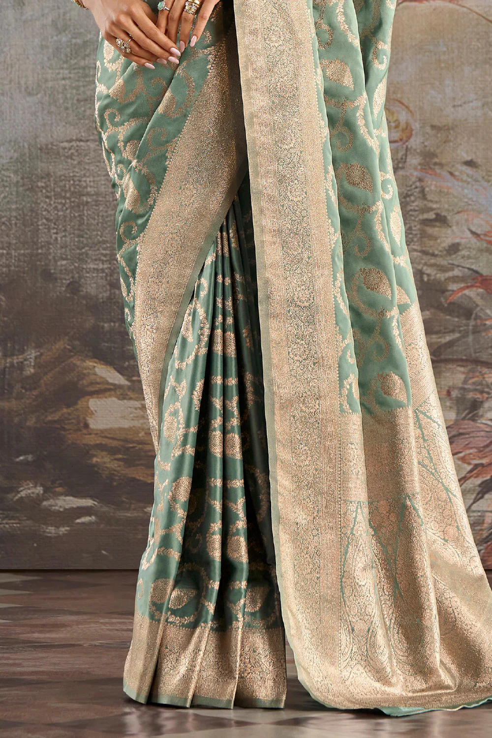 Sea Green Silk Banarasi Woven Saree - Image 3