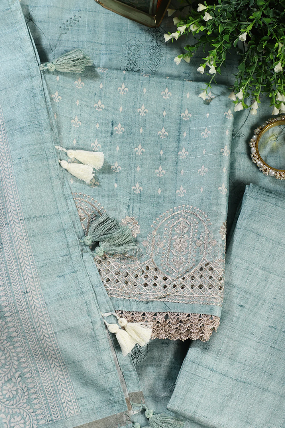 Sea Green Tussar Cotton Printed And Reham Embroidered Unstiched Suit Material