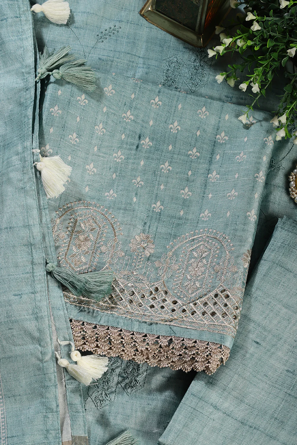 Sea Green Tussar Cotton Printed And Reham Embroidered Unstiched Suit Material - Image 2