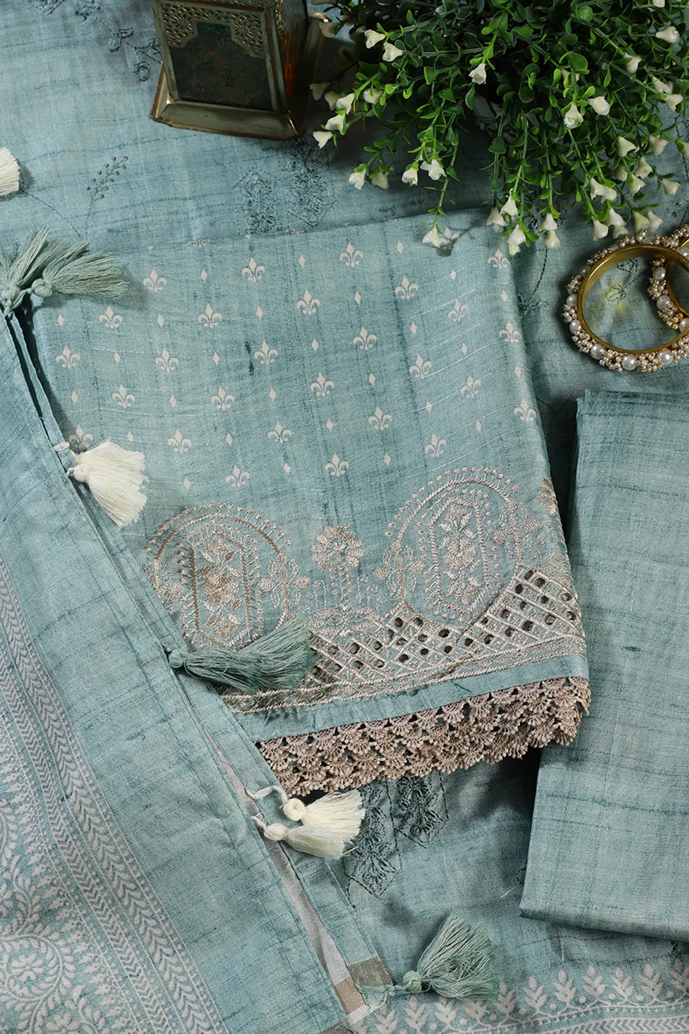Sea Green Tussar Cotton Printed And Reham Embroidered Unstiched Suit Material - Image 3