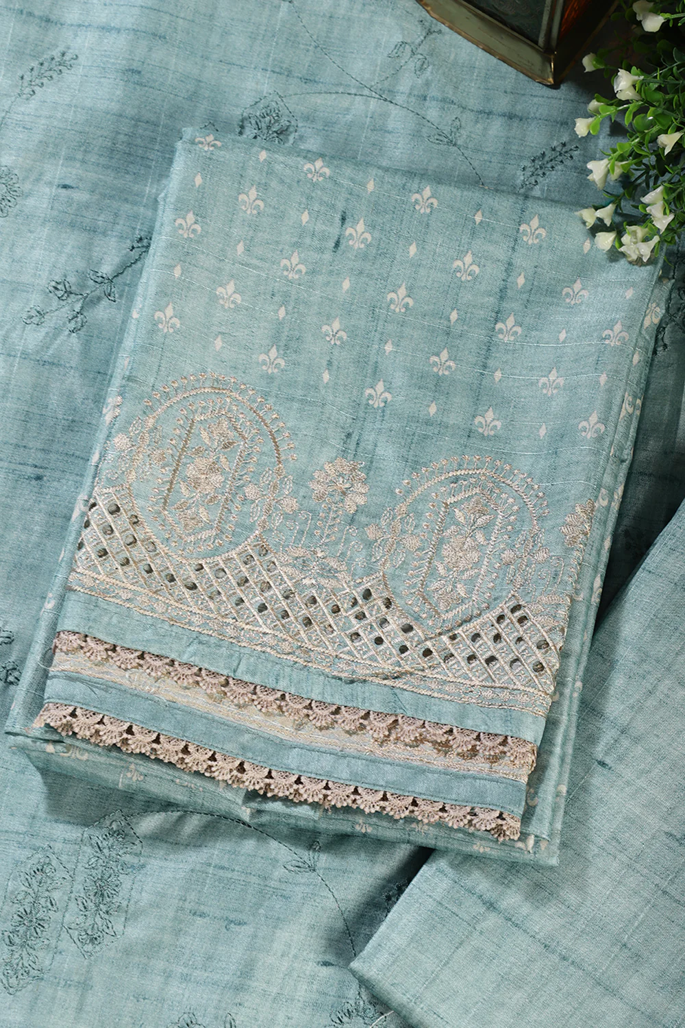 Sea Green Tussar Cotton Printed And Reham Embroidered Unstiched Suit Material - Image 4