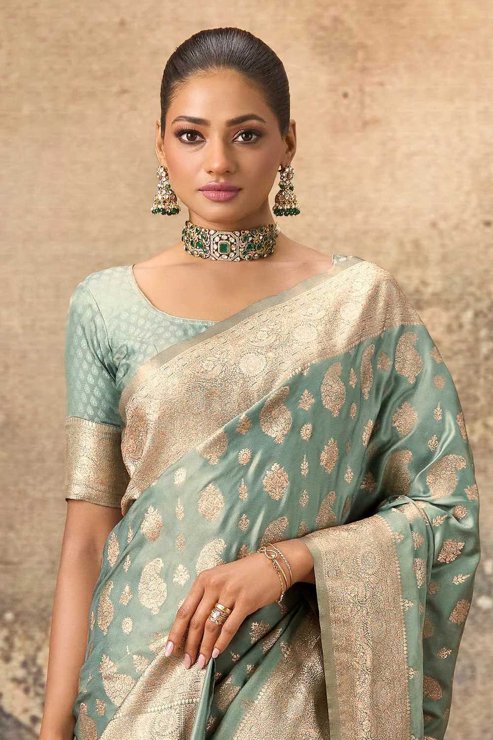 Sea Green Woven Silk Banarasi Saree - Image 2