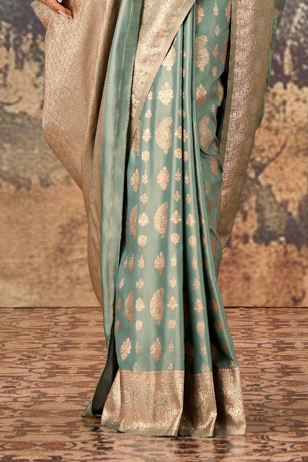 Sea Green Woven Silk Banarasi Saree - Image 3