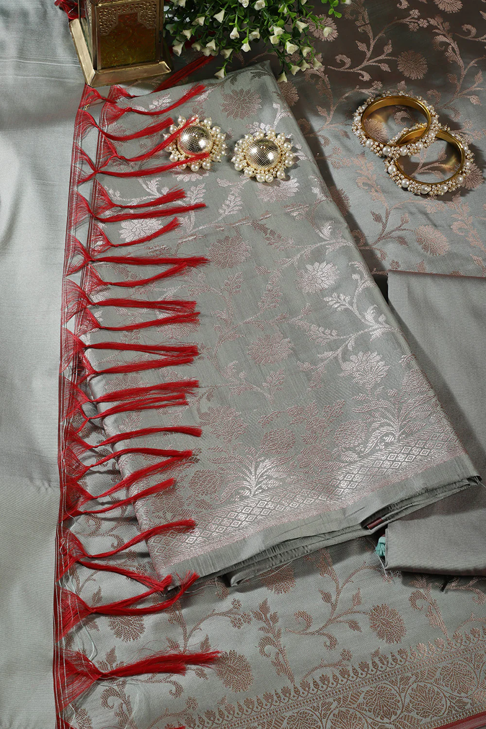 Sea Green Zari Floral Woven Silk Unstitched Suit Fabric - Image 3