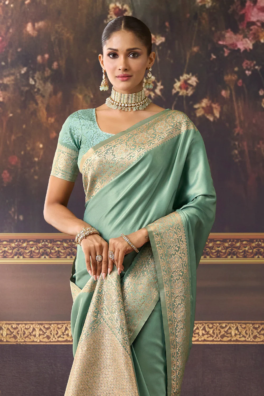 Sea Green Zari Woven Mulberry Silk Saree - Image 2