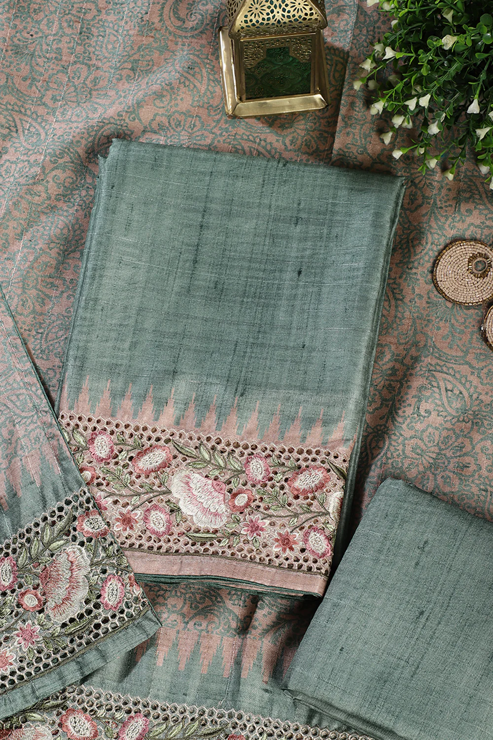 Seagreen Tussar Cotton Floral Lace Work Unstiched Suit Material