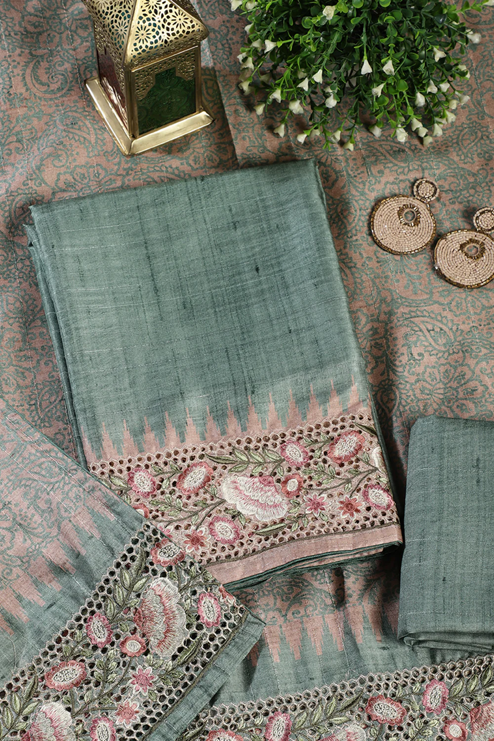 Seagreen Tussar Cotton Floral Lace Work Unstiched Suit Material - Image 2