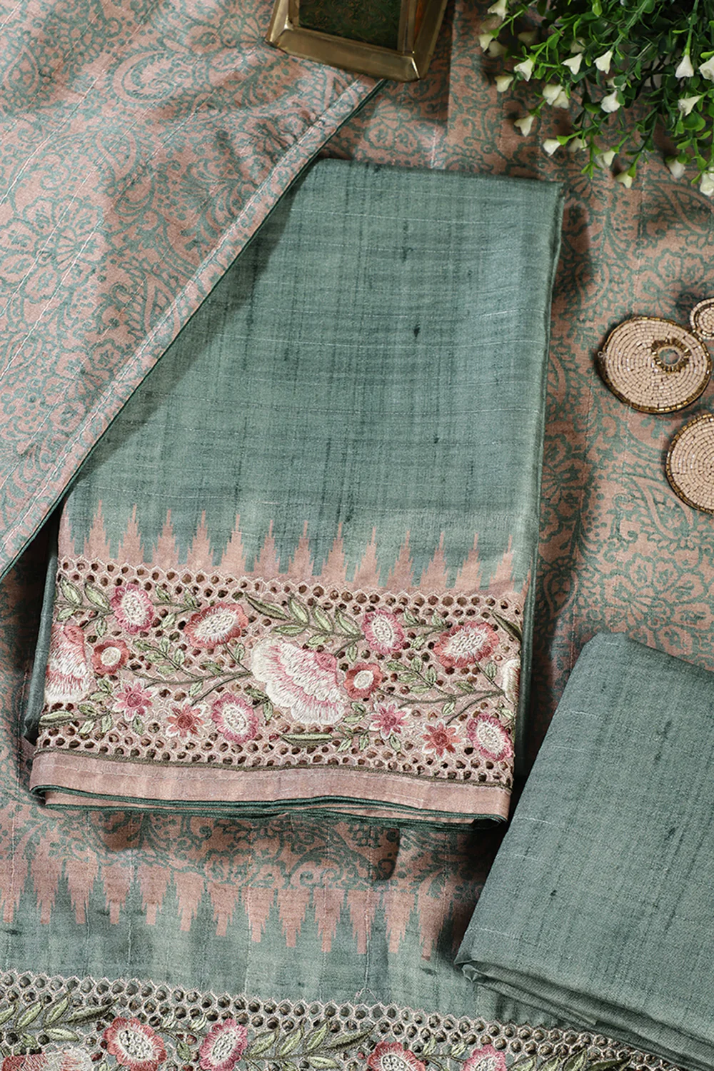 Seagreen Tussar Cotton Floral Lace Work Unstiched Suit Material - Image 3