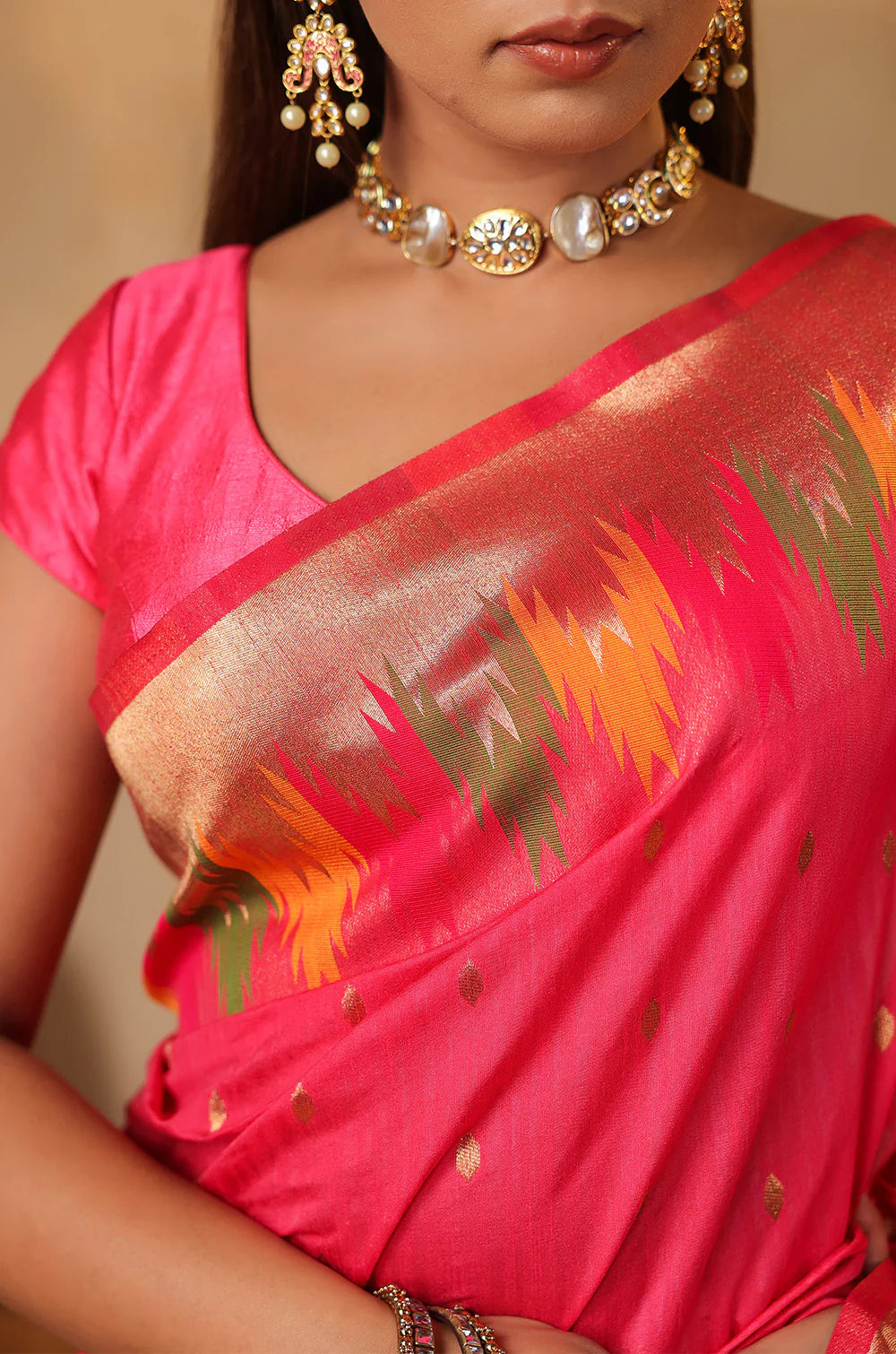 Strawberry Color Cotton Silk Woven Saree - Image 10