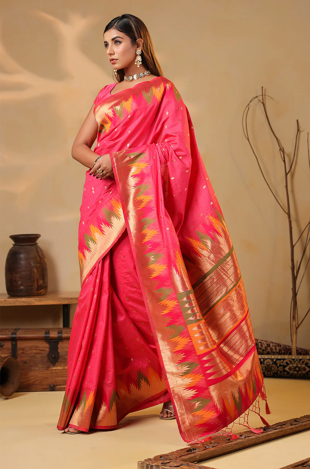 Strawberry Color Cotton Silk Woven Saree - Image 2