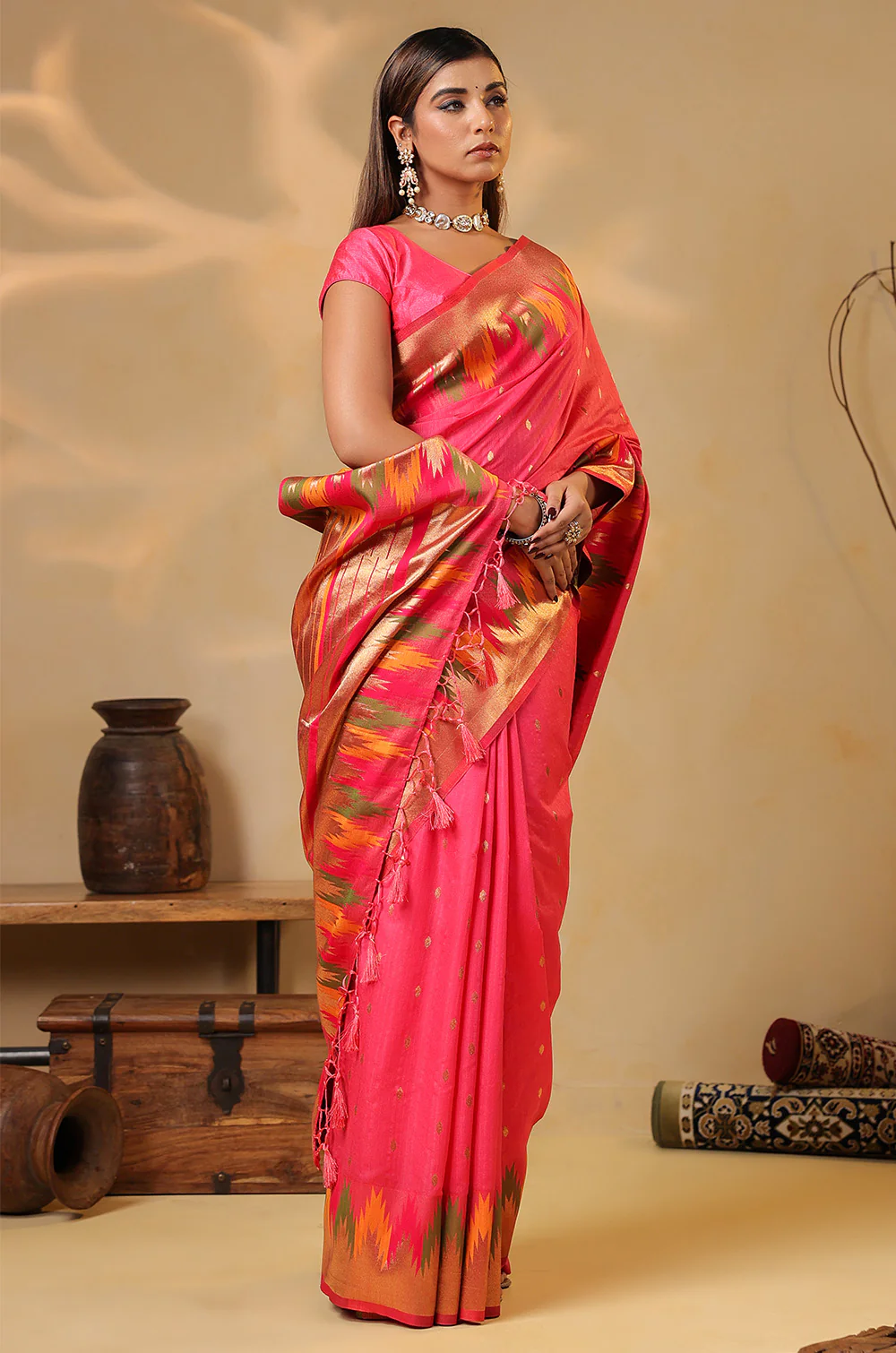 Strawberry Color Cotton Silk Woven Saree - Image 5
