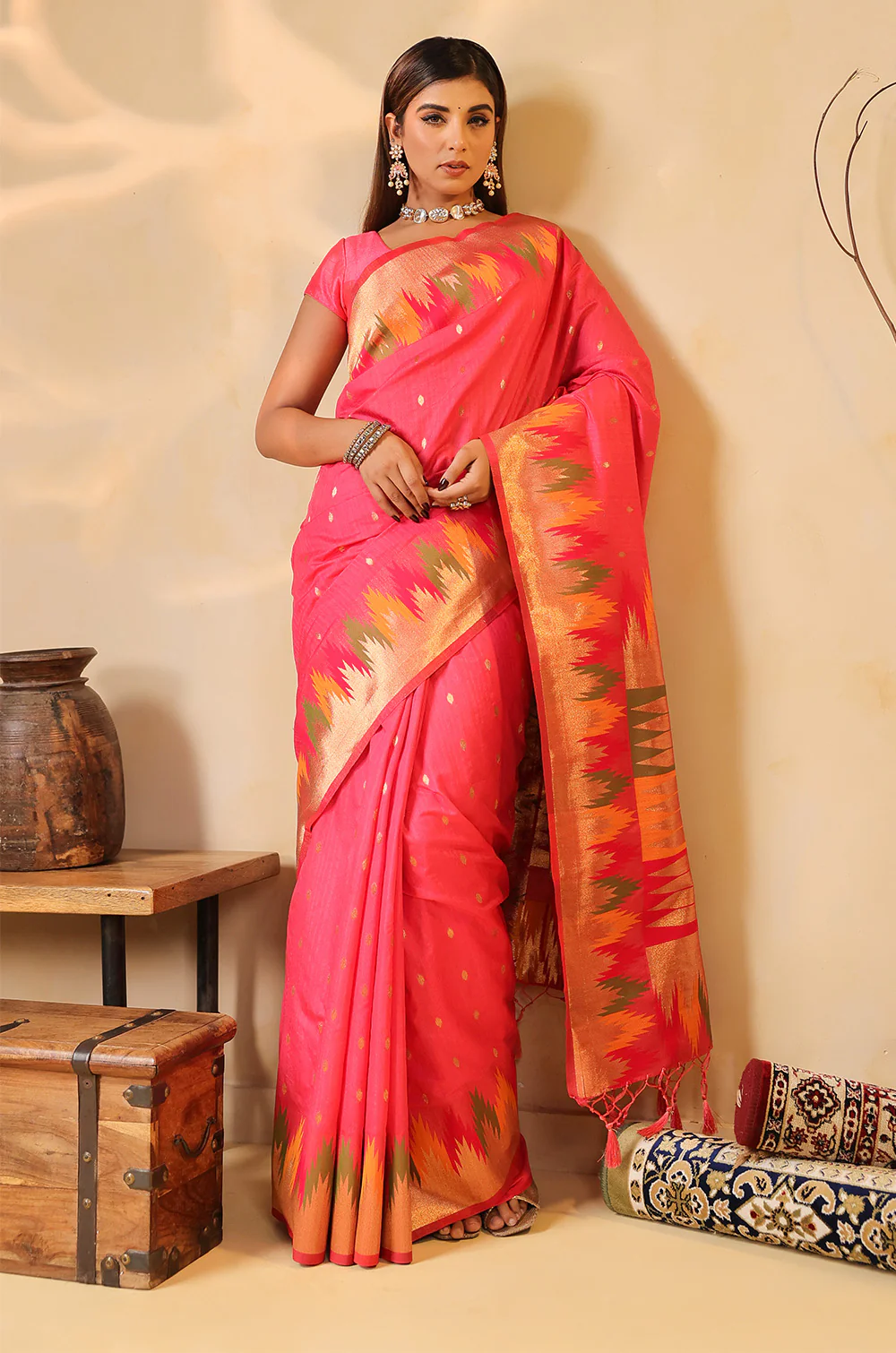 Strawberry Color Cotton Silk Woven Saree - Image 7