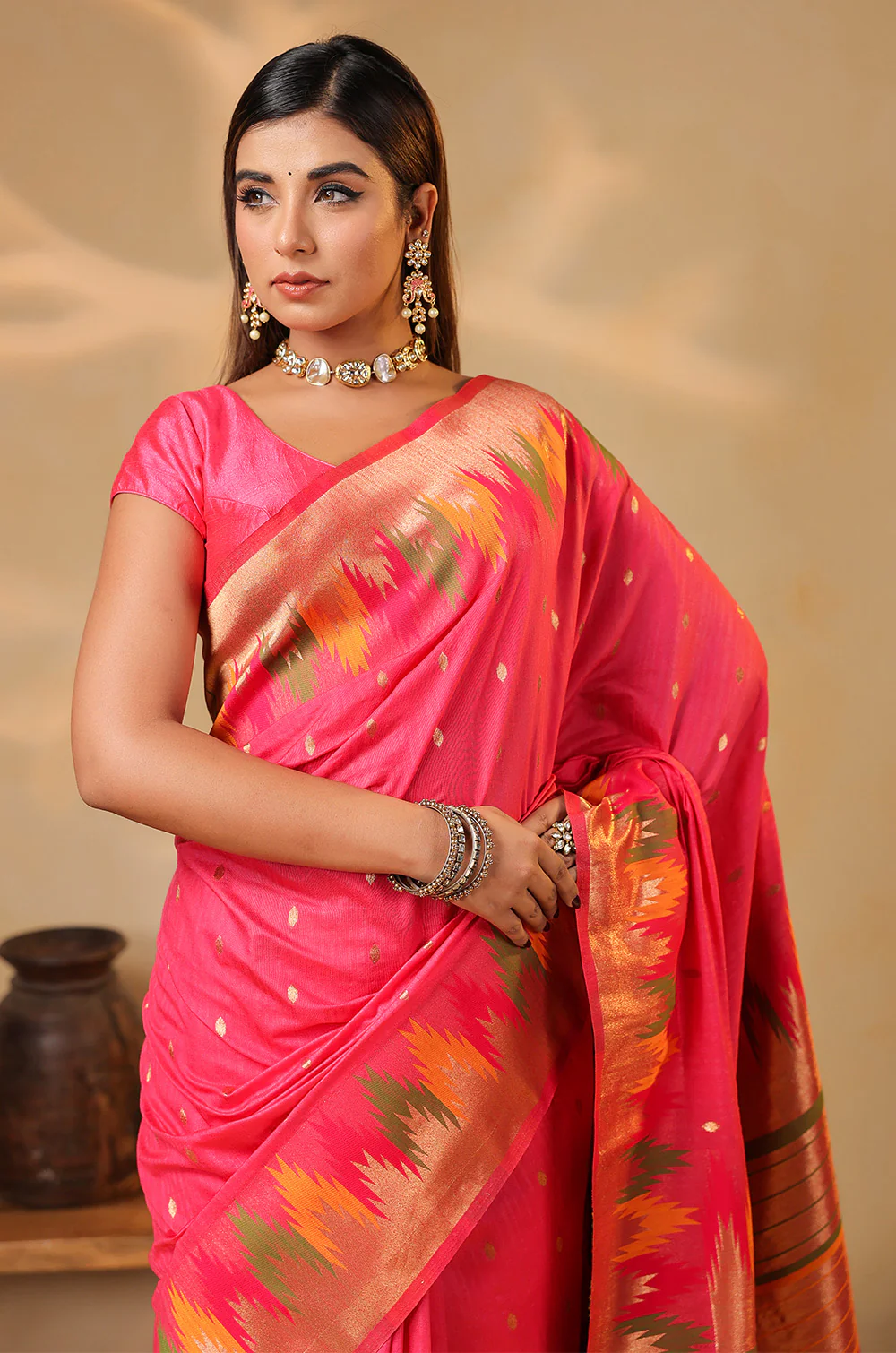 Strawberry Color Cotton Silk Woven Saree - Image 9