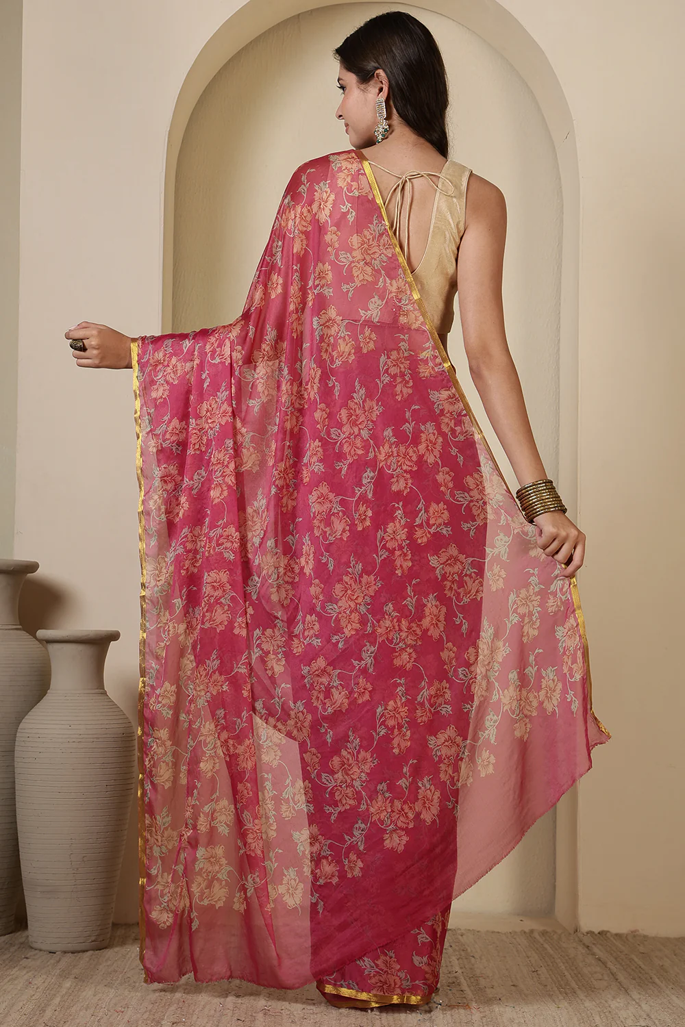 Taffy Pink Chiffon Floral Zari Border & Floral Printed Saree - Image 3