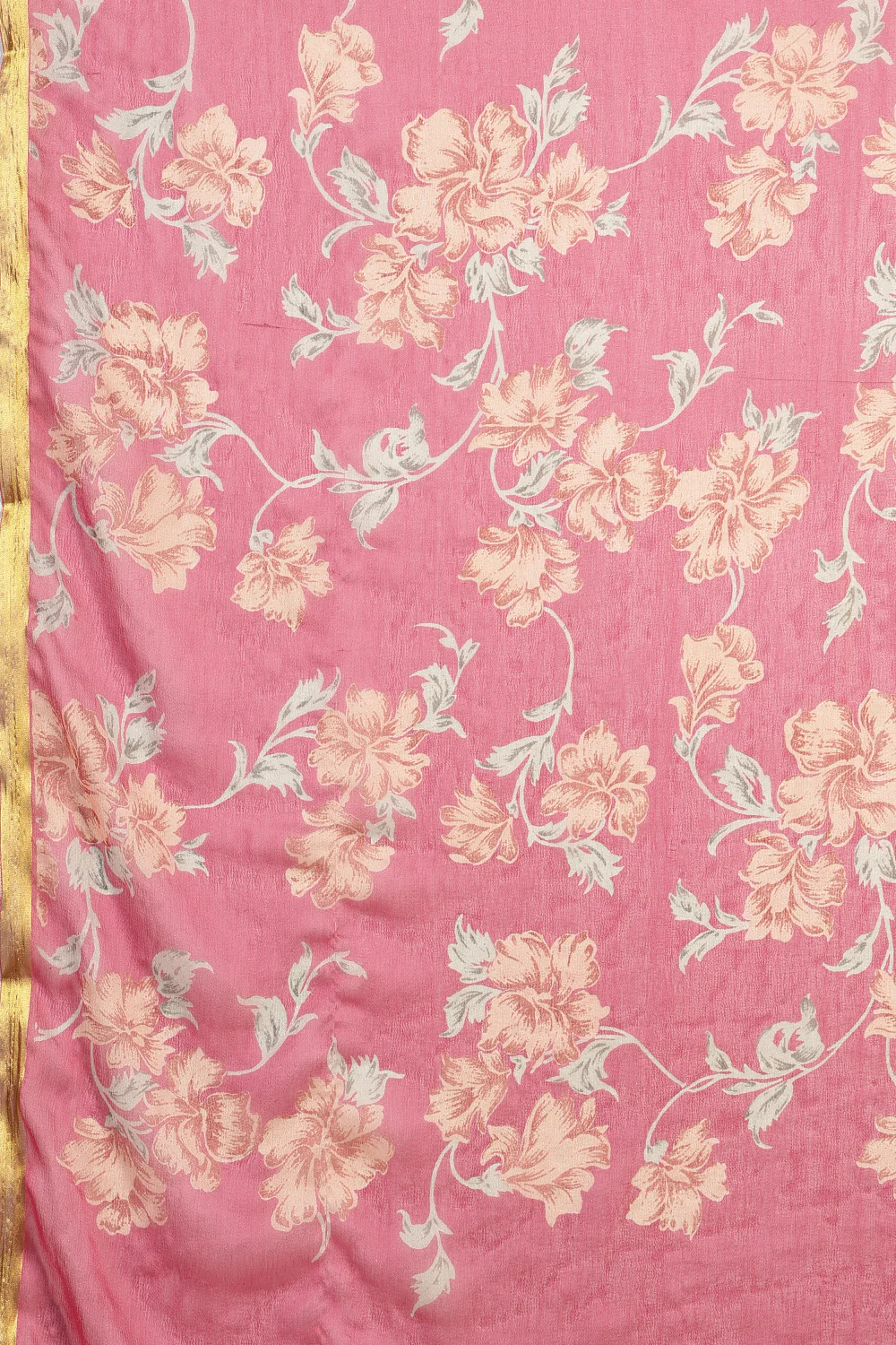 Taffy Pink Chiffon Floral Zari Border & Floral Printed Saree - Image 5