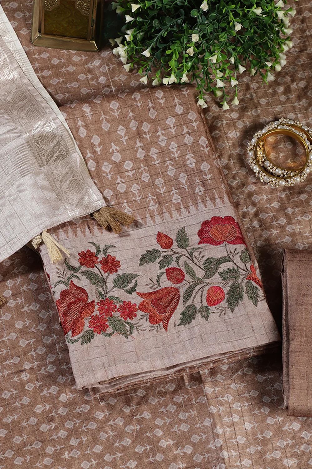 Tan Tussar Cotton Printed And Floral Embroidered Unstiched Suit Material - Image 3