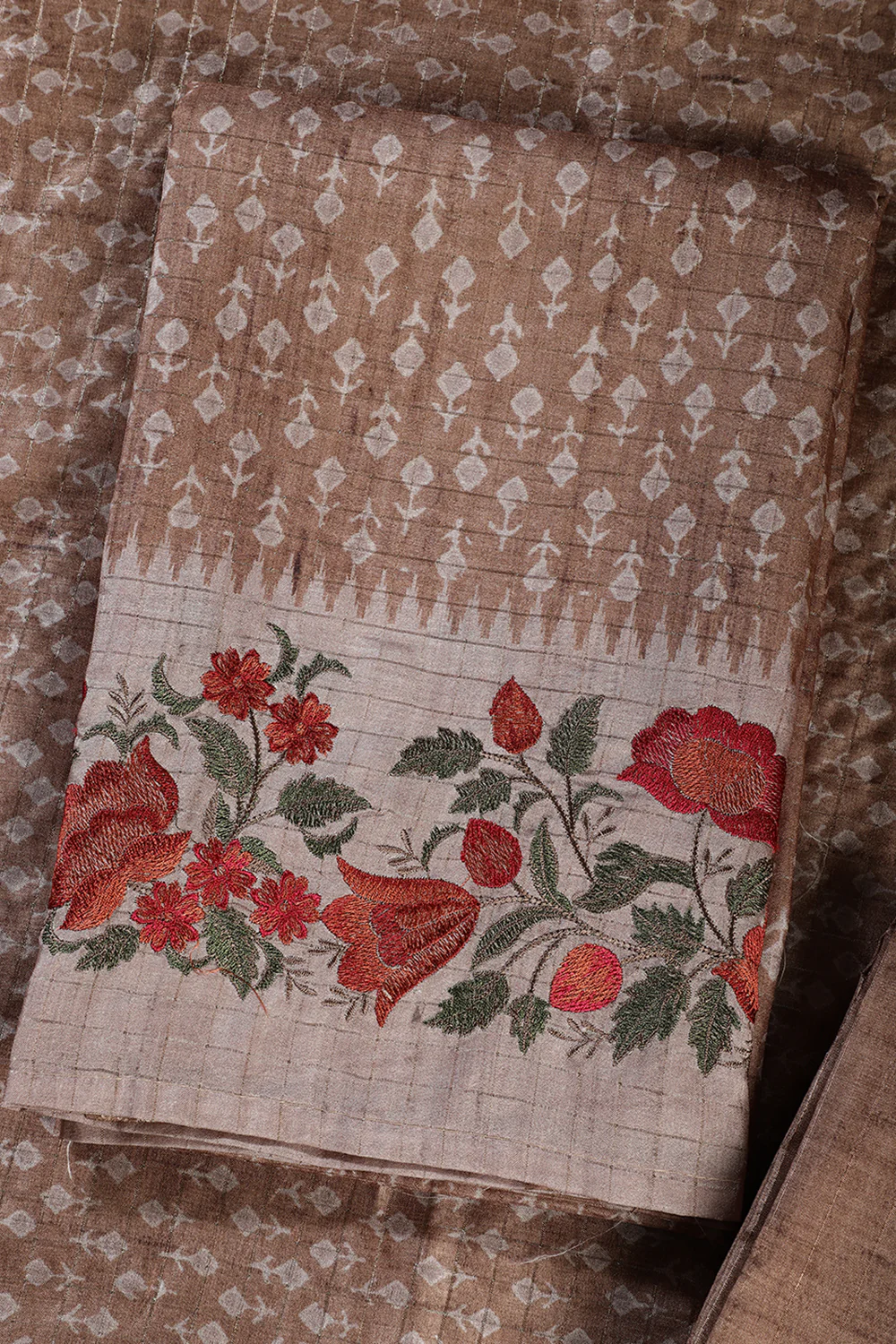 Tan Tussar Cotton Printed And Floral Embroidered Unstiched Suit Material - Image 4