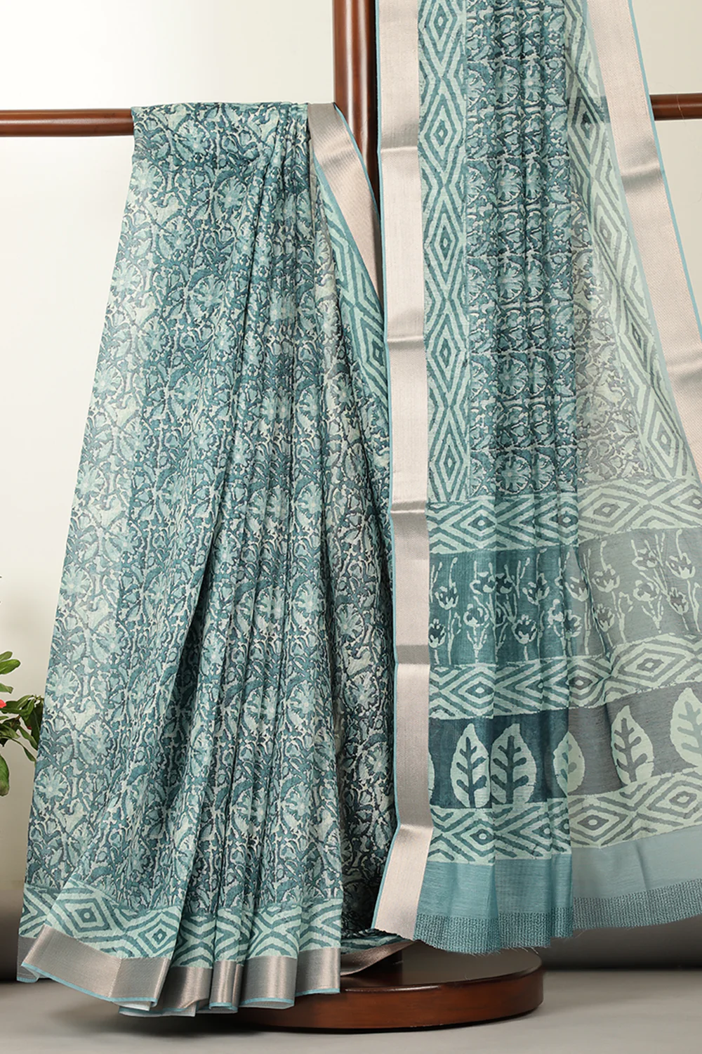 Teal Abstract Printed Chanderi Cotton Saree - Image 3