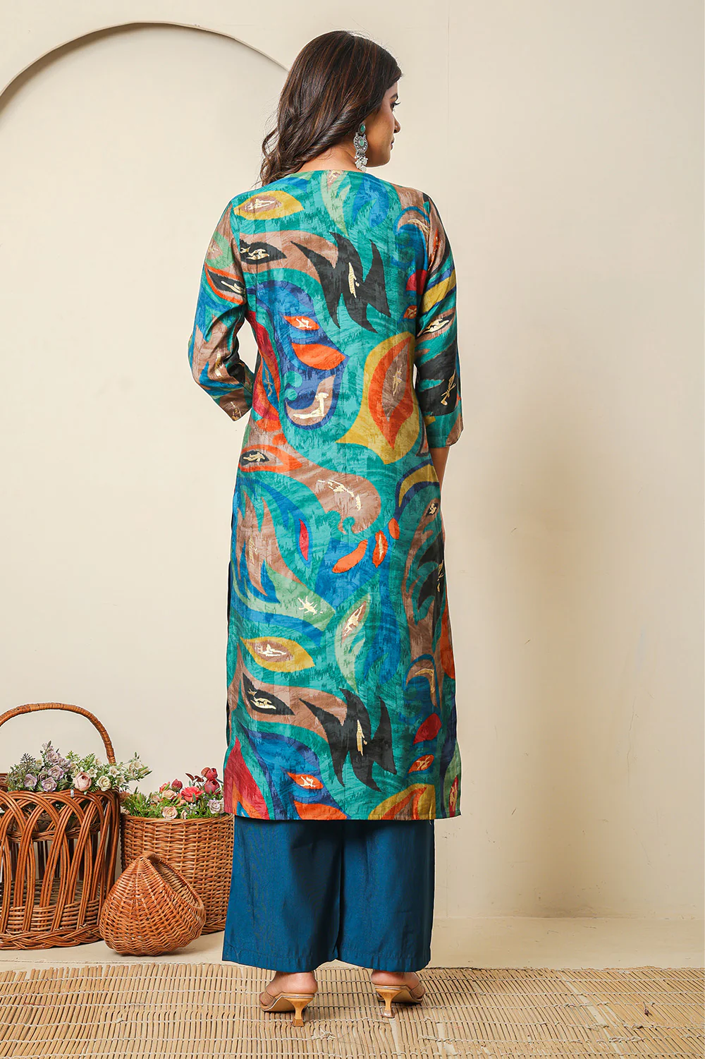 Teal Abstract Printed Muslin Long Kurta - Image 3