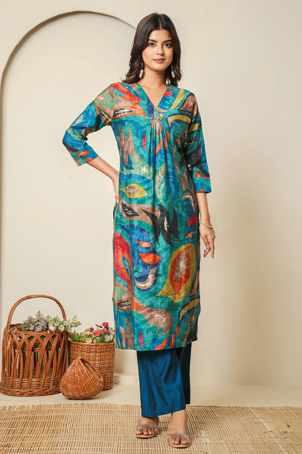 Teal Abstract Printed Muslin Long Kurta - Image 4