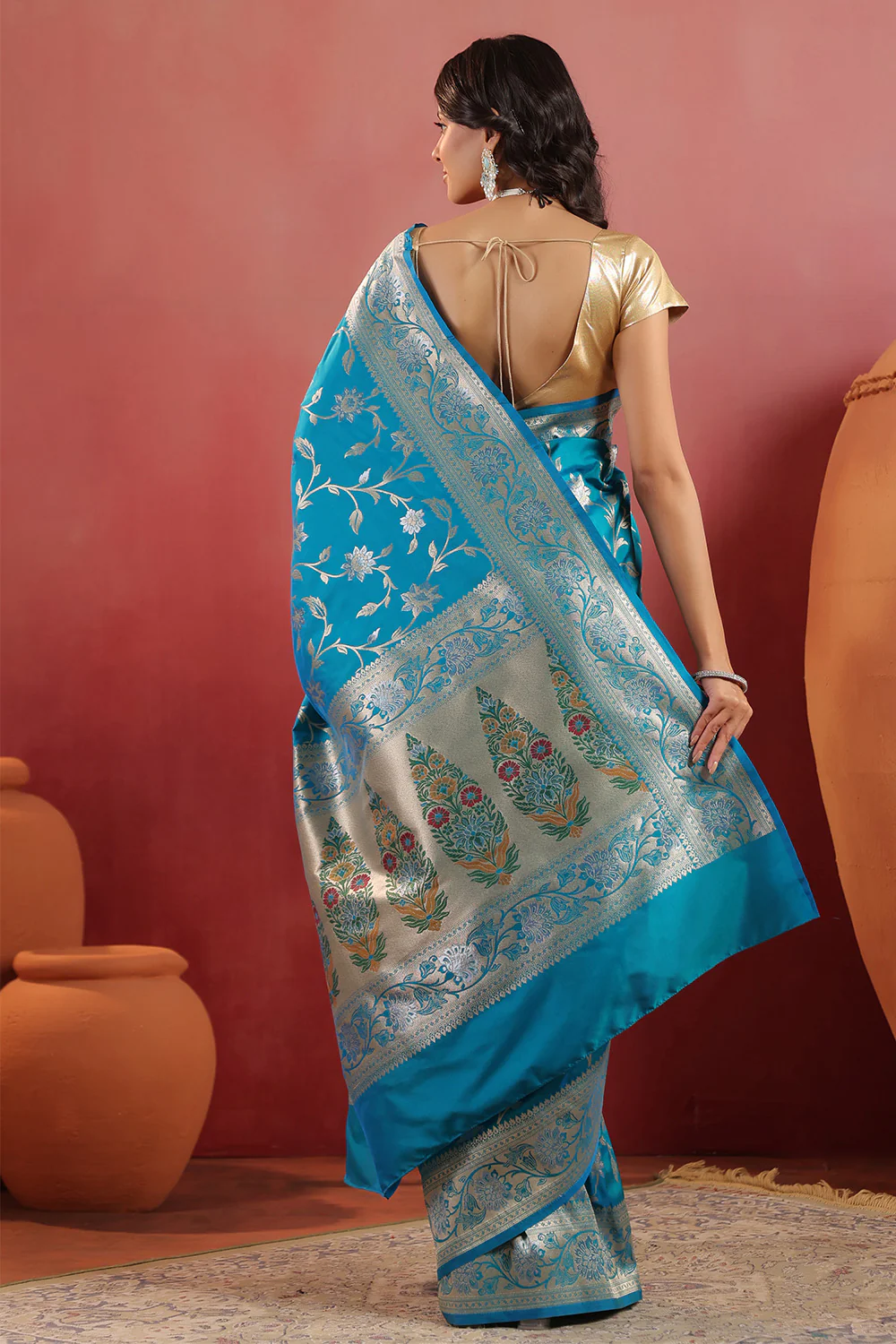 Teal Blue Banarasi Silk Woven Saree - Image 3